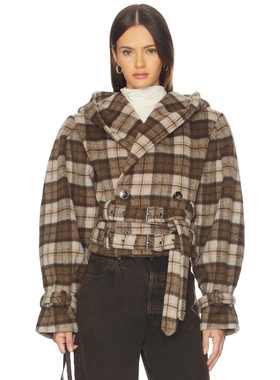 AFRM 格纹复古风收腰夹克棕色休闲短款连帽外套REVOLVE小众新款