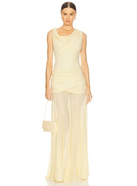 L'Academie 长裙柠檬色薄纱褶皱设计感连衣裙女夏REVOLVE