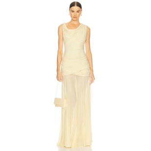 L'Academie 长裙柠檬色薄纱褶皱设计感连衣裙女夏REVOLVE
