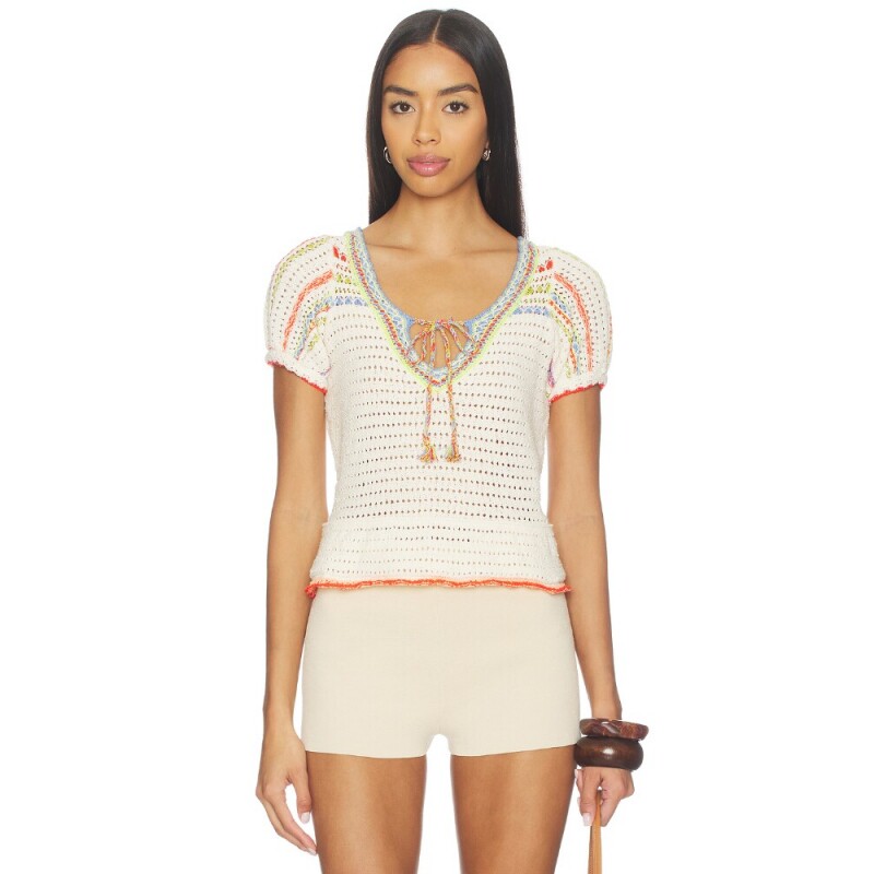 Free People 米白拼色镂空针织上衣REVOLVE度假风出游短袖套衫