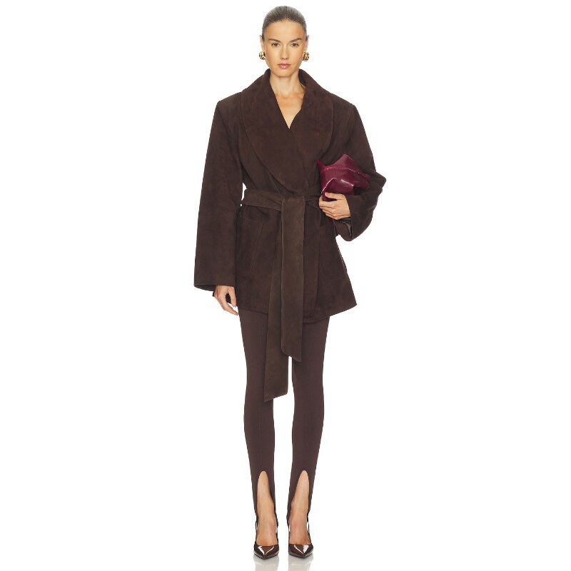 SEROYA CHANDRA 麂皮夹克棕色复古风收腰大衣外套REVOLVE小众新款