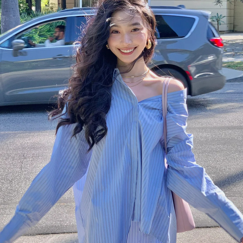 秋冬新品易梦玲同款LIONESS美式复古衬衫显瘦条纹衬衣老钱REVOLVE图片