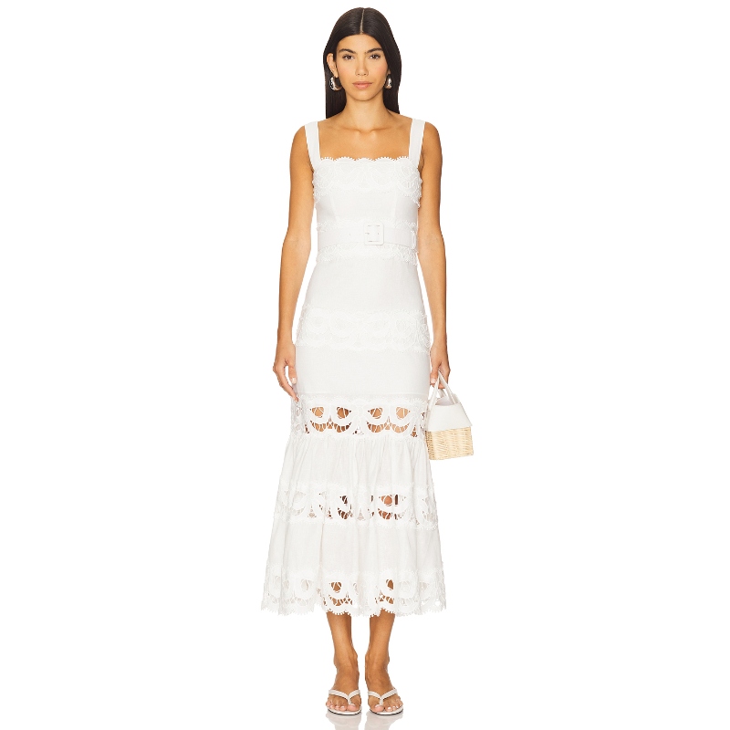 self-portrait Linen Lace Insert Midi Dress 白色REVOLVE小众新