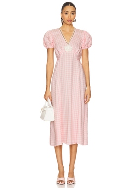 [冬季新品]Sleeper 连衣裙泡泡袖收腰粉色格子长裙REVOLVE小众