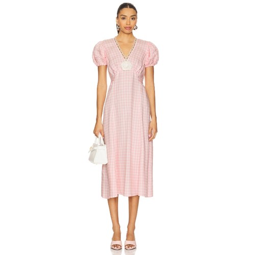 [冬季新品]Sleeper 连衣裙泡泡袖收腰粉色格子长裙REVOLVE小众