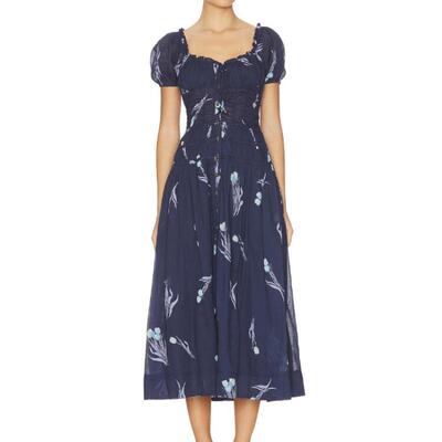 [春季新品]Free People深蓝色连衣裙碎花方领优雅连衣裙REVOLVE