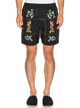 Agua Bendita黑色夏季新品裤装刺绣复古风宽松短裤REVOLVE