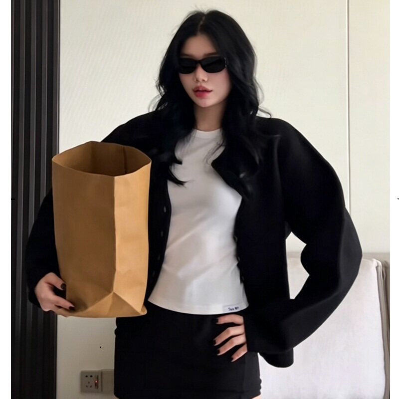 漫漫MMM同款EAVES黑色V领收腰针织开衫简约风泡泡袖外套REVOLVE