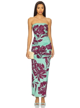 AFRM 抹胸印花连衣裙青绿色露背性感修身长裙复古风 REVOLVE