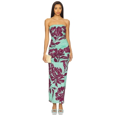 AFRM 抹胸印花连衣裙青绿色露背性感修身长裙复古风 REVOLVE