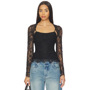 海外直邮 短款 Free T恤修身 露腰上衣REVOLVE People黑色蕾丝长袖