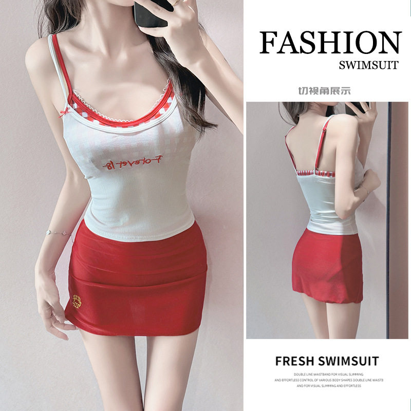 游泳衣女辣妹纯欲风海边度假沙滩比基尼裙式四件套分体格子性感夏