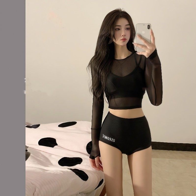 泳衣女三件套分体式高腰显瘦韩版运动风长袖防晒学生2024新款泳装