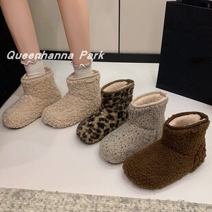 秋冬网红同款羊羔毛加绒保暖雪地靴女复古休闲内增高短筒毛毛棉鞋