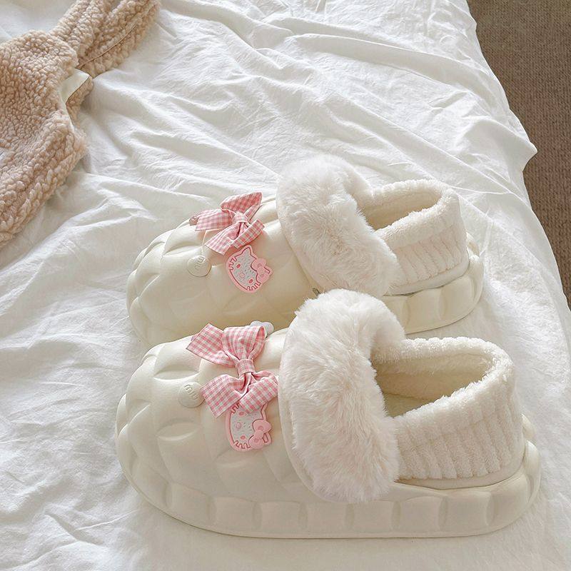 可爱蝴蝶结棉拖鞋女款冬季2026新款室内家居加绒防滑防水棉鞋外穿