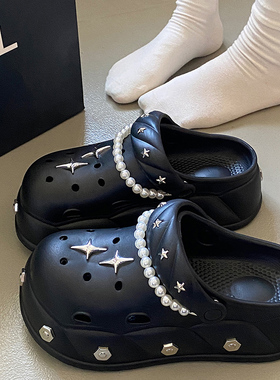 Y2K洞洞鞋女款2026新款厚底防滑不臭脚外穿黑色软底珍珠包头凉鞋