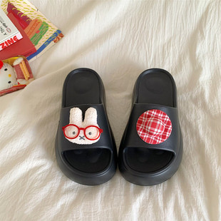 可爱米菲兔厚底一字拖女夏季 女 防滑休闲外穿增高踩屎感黑色凉拖鞋