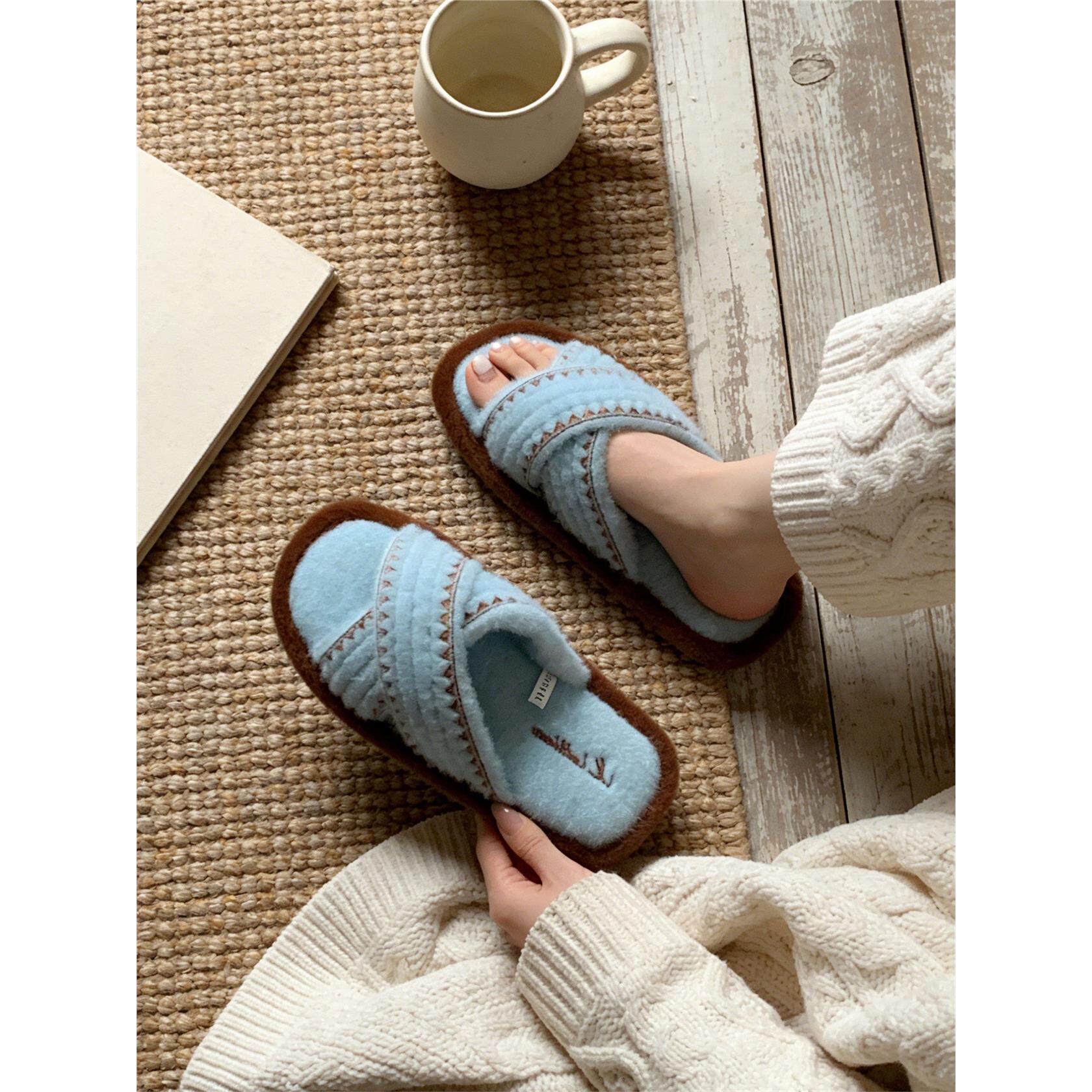 复古交叉带家居百搭卧室棉拖鞋网红学生时尚防滑秋冬毛毛拖鞋女士