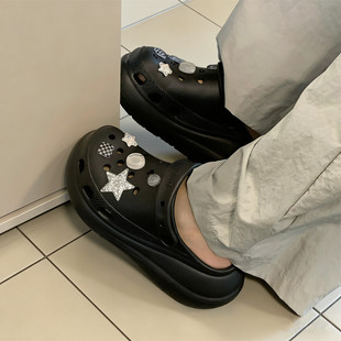 防滑度假增高女士舒适厚底外穿凉拖鞋 韩系格子星星学生足弓洞洞鞋