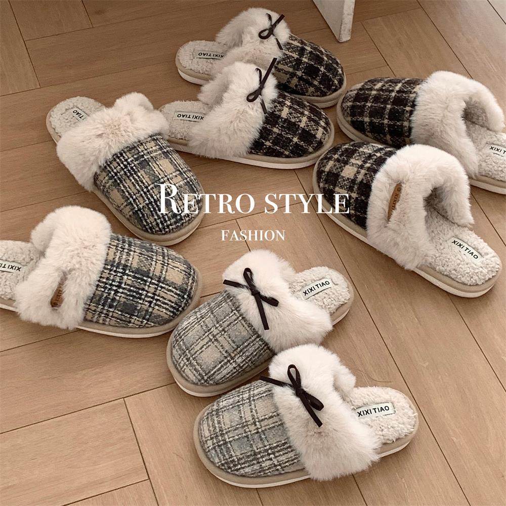 2026冬季新款室内防滑家居毛毛鞋男女士条纹格子蝴蝶结情侣棉拖鞋