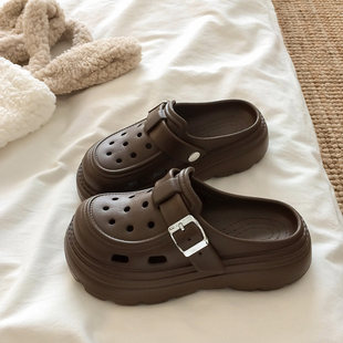 外穿防滑软底增高沙滩凉拖鞋 时尚 夏季 女包头半拖鞋 简约厚底洞洞鞋