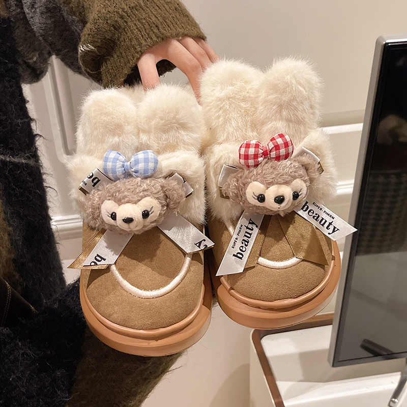 可爱卡通毛绒雪地靴女款冬季新款厚底加绒加厚保暖外穿家居棉拖鞋