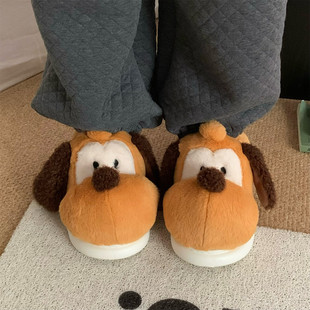 趣味狗狗家居防滑包跟棉拖鞋 冬季 情侣ins室内男女舒适毛毛月子鞋