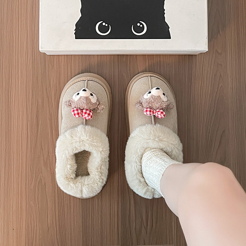 可爱卡通毛绒雪地靴女款冬季新款厚底加绒加厚保暖外穿家居棉拖鞋