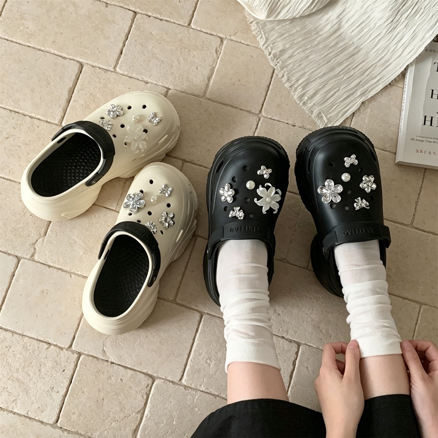 DIY水钻蝴蝶花朵小众凉拖