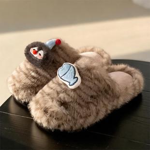 软底冬防滑高级感动物纹毛毛鞋 舒适可爱企鹅小鱼女棉拖鞋 保暖时尚