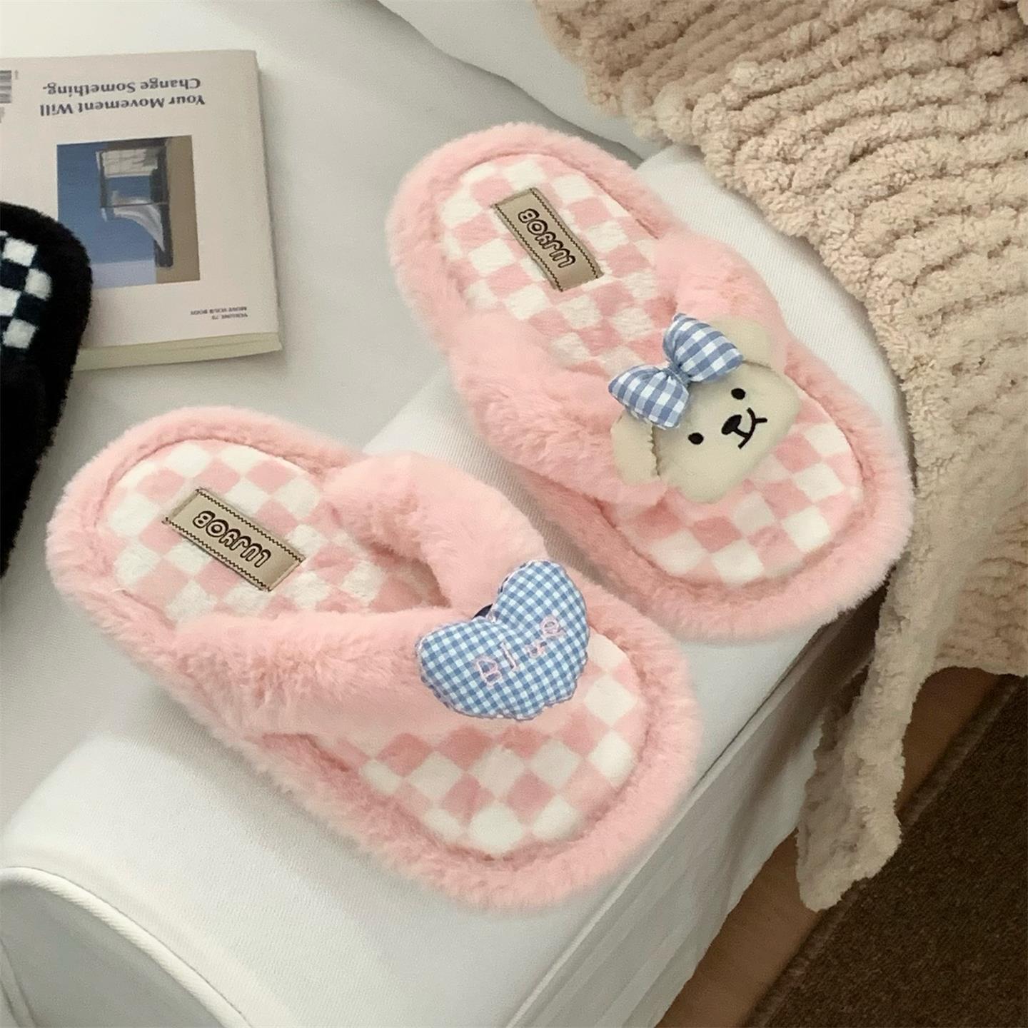 室内趣味爱心小熊夹脚新款棉拖鞋学生防滑冬卧室居家毛毛人字拖女