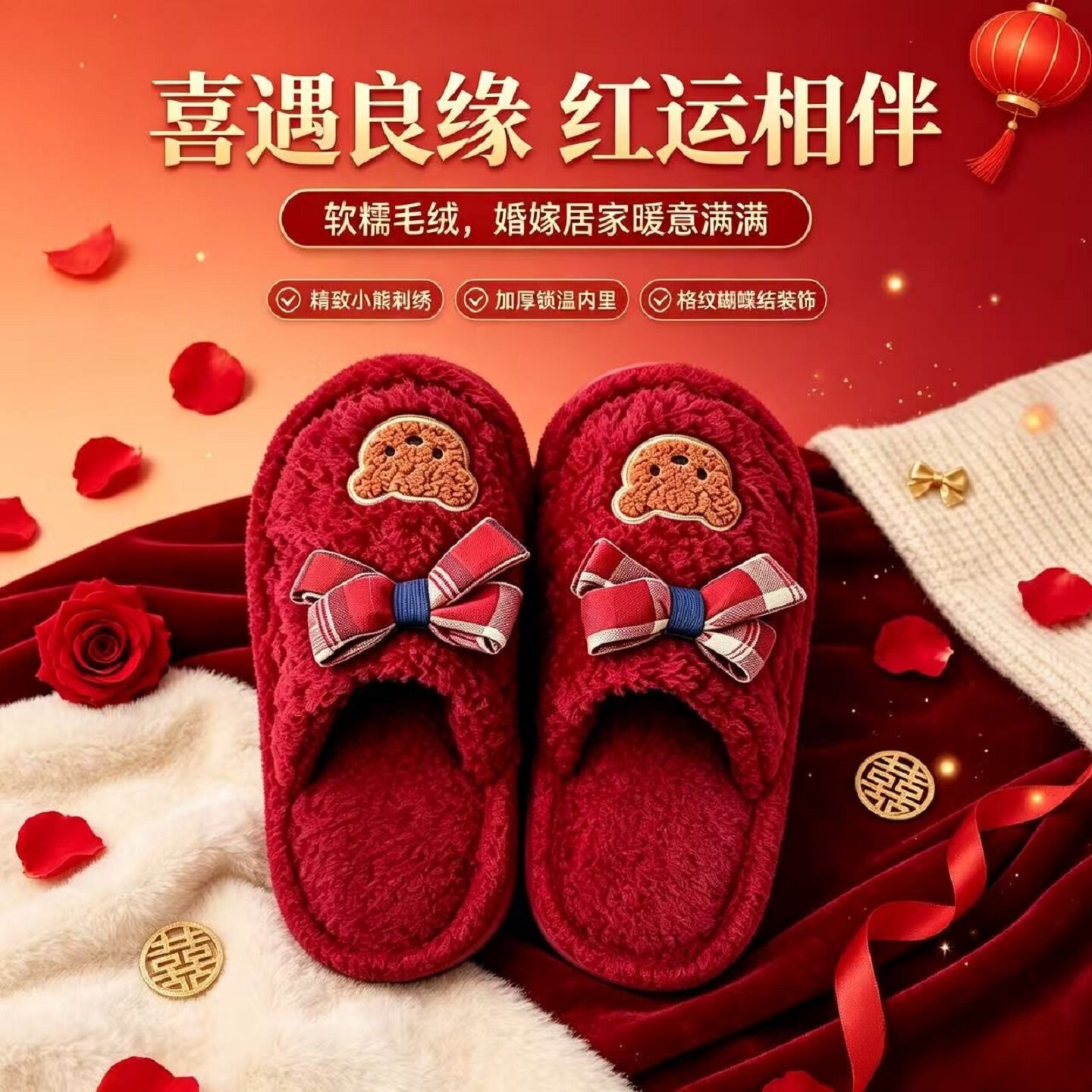 结婚喜庆毛毛棉拖鞋情侣