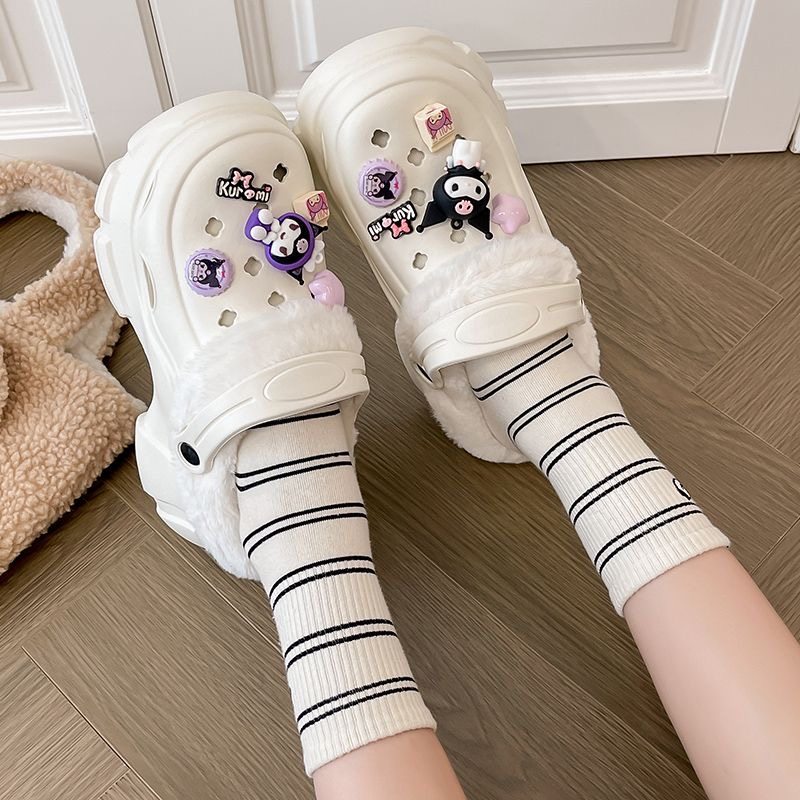 2026新款加绒可拆卸洞洞鞋女冬季外穿保暖增高厚底毛毛棉拖鞋女士