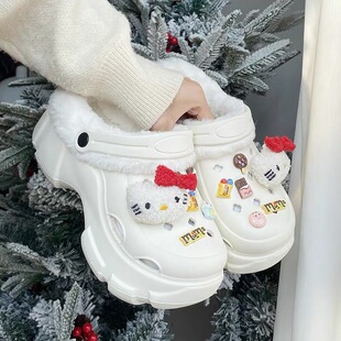 2026秋冬款加绒棉洞洞鞋女冬季外穿保暖增高厚底毛毛棉拖鞋女士