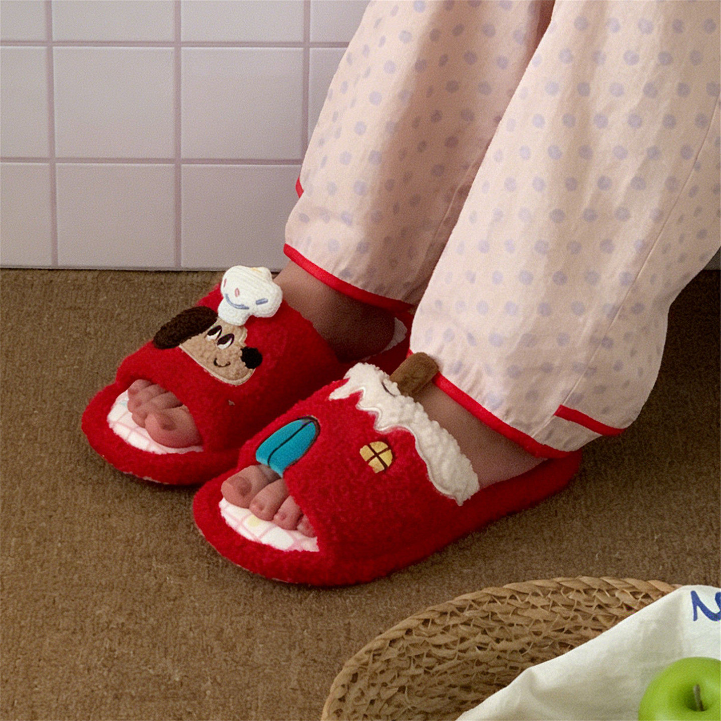 空调房防滑ins可爱吸汗棉布拖鞋女四季通用厨师小狗少女心地板鞋