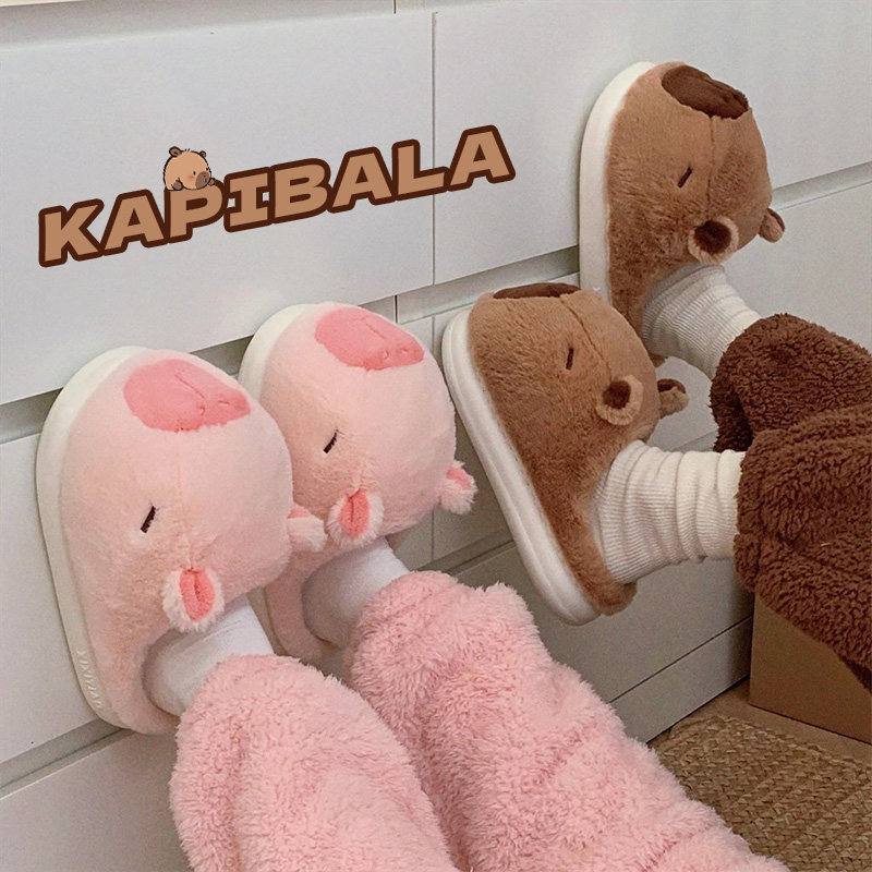 可爱情侣毛毛鞋女包跟加绒外穿防滑冬季居家卡皮巴拉室内棉拖鞋男