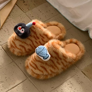 棉拖鞋 高级感动物纹百搭毛毛鞋 防滑舒适可爱企鹅小鱼女士ins冬季