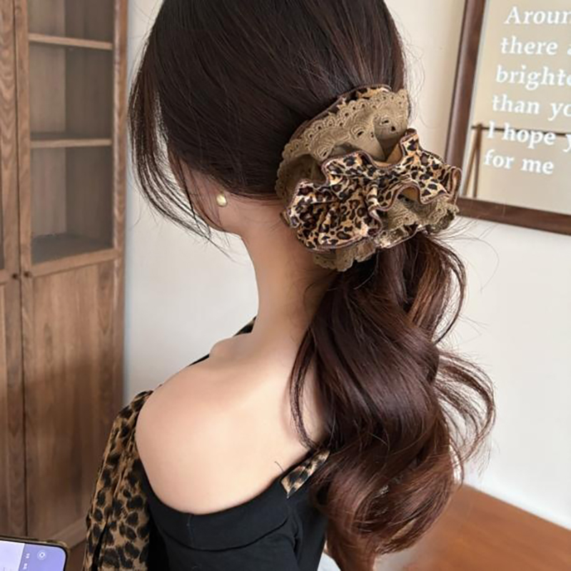 秋冬豹纹蕾丝褶皱发圈香蕉夹后脑勺竖夹发卡小众高级感马尾夹发饰