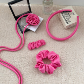 芭比系列玫粉色发饰褶皱发夹大肠发圈发箍花朵颈链时尚 高级感头饰