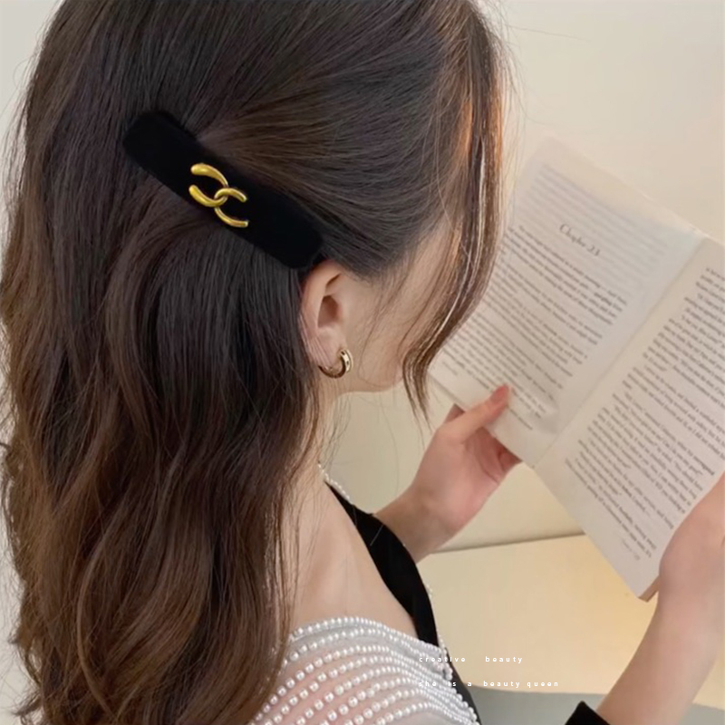 黑色复古丝绒双c字母发夹女侧边刘海碎发夹子头饰发卡小香风发饰
