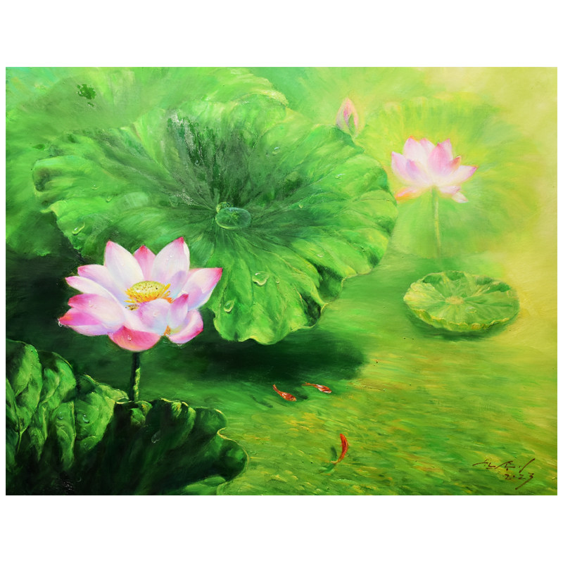 带合影朝鲜花卉油画 宽89cm 韩松伊 一级艺术家《荷花》xa983