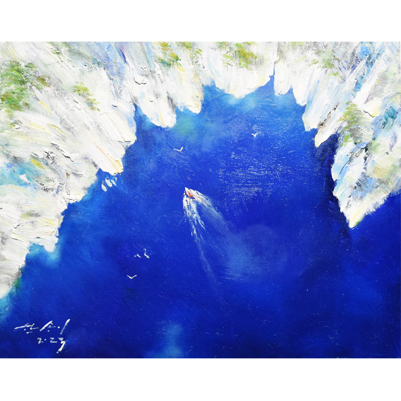 带合影朝鲜风景油画宽65cm韩松伊 一级艺术家《水中倒影》xa940