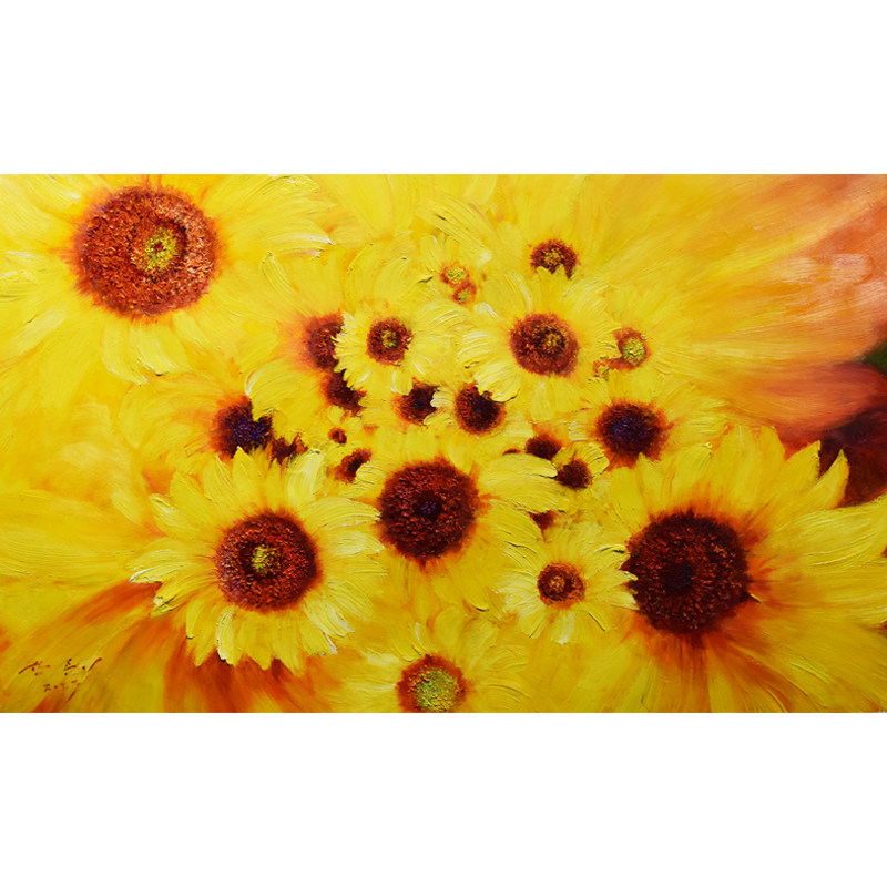 带合影朝鲜花卉油画纯手绘宽1米韩松伊一级艺术家《向日葵》xa840