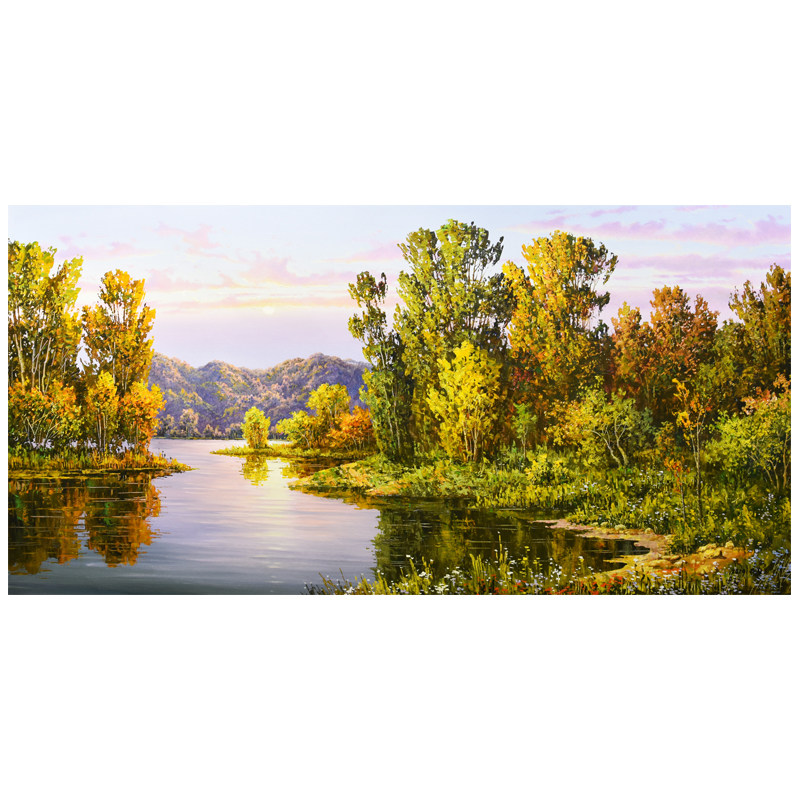 朝鲜风景油画 宽1.6米 李相文 人民艺术家《夕阳下的湖畔》xa436