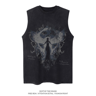 WHXS暗黑丧系印花水洗坎肩背心男欧美高街纯棉宽松无袖T恤