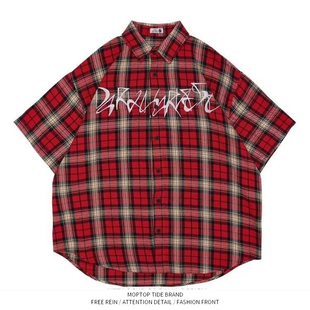 美式复古红色刺绣格子春夏情侣衬衫短袖上衣hiphop高街衬衣外套