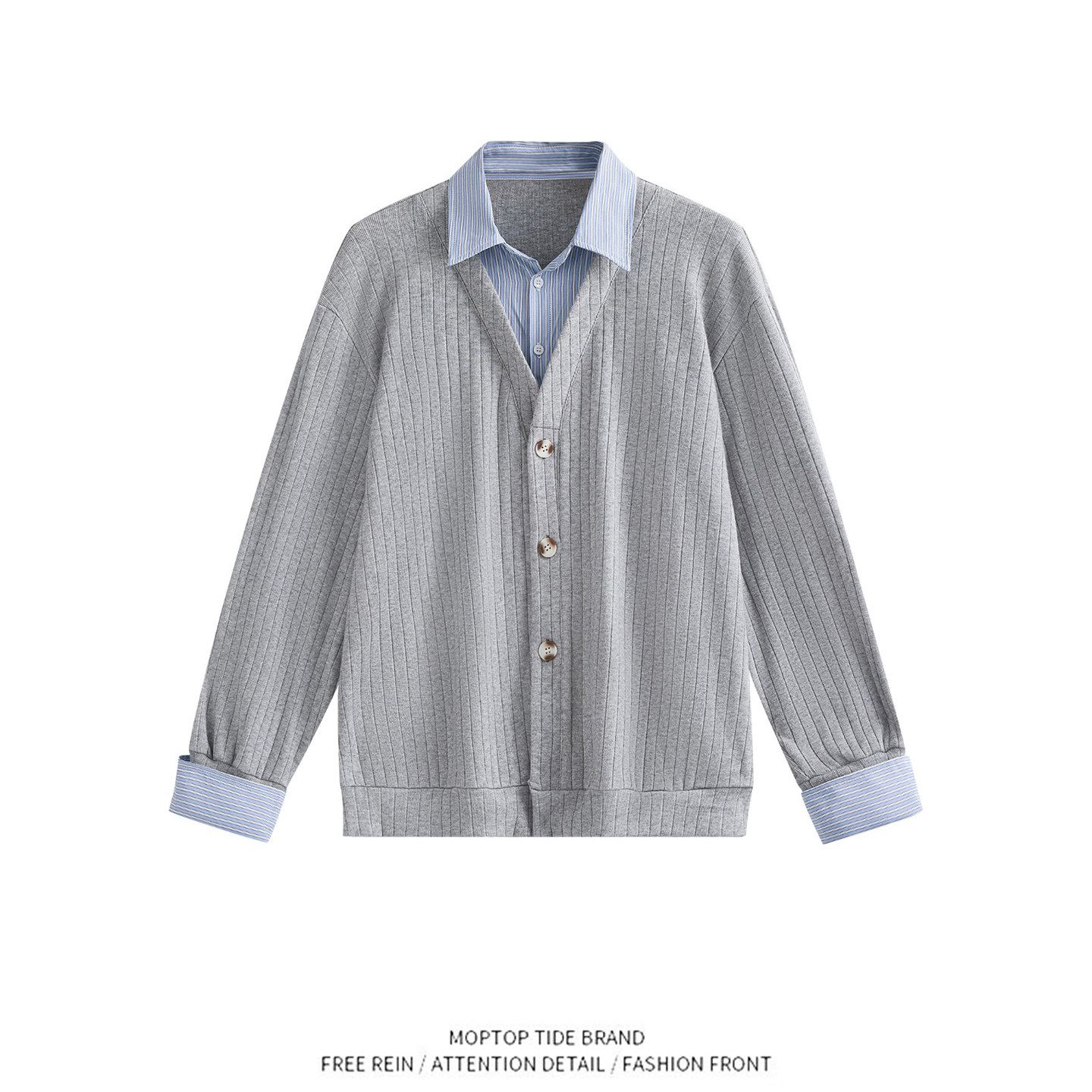 WH先生假两件条纹针织开衫男秋季宽松V领高级感时髦毛衣