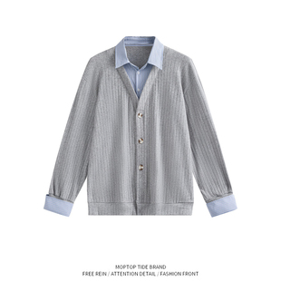 WH先生假两件条纹针织开衫男秋季宽松V领高级感时髦毛衣