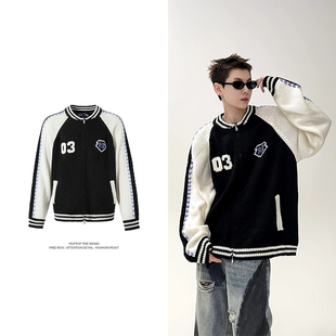 WHXS撞色插肩袖开衫毛衣男秋冬小版宽松bf美式潮牌针织衫外套