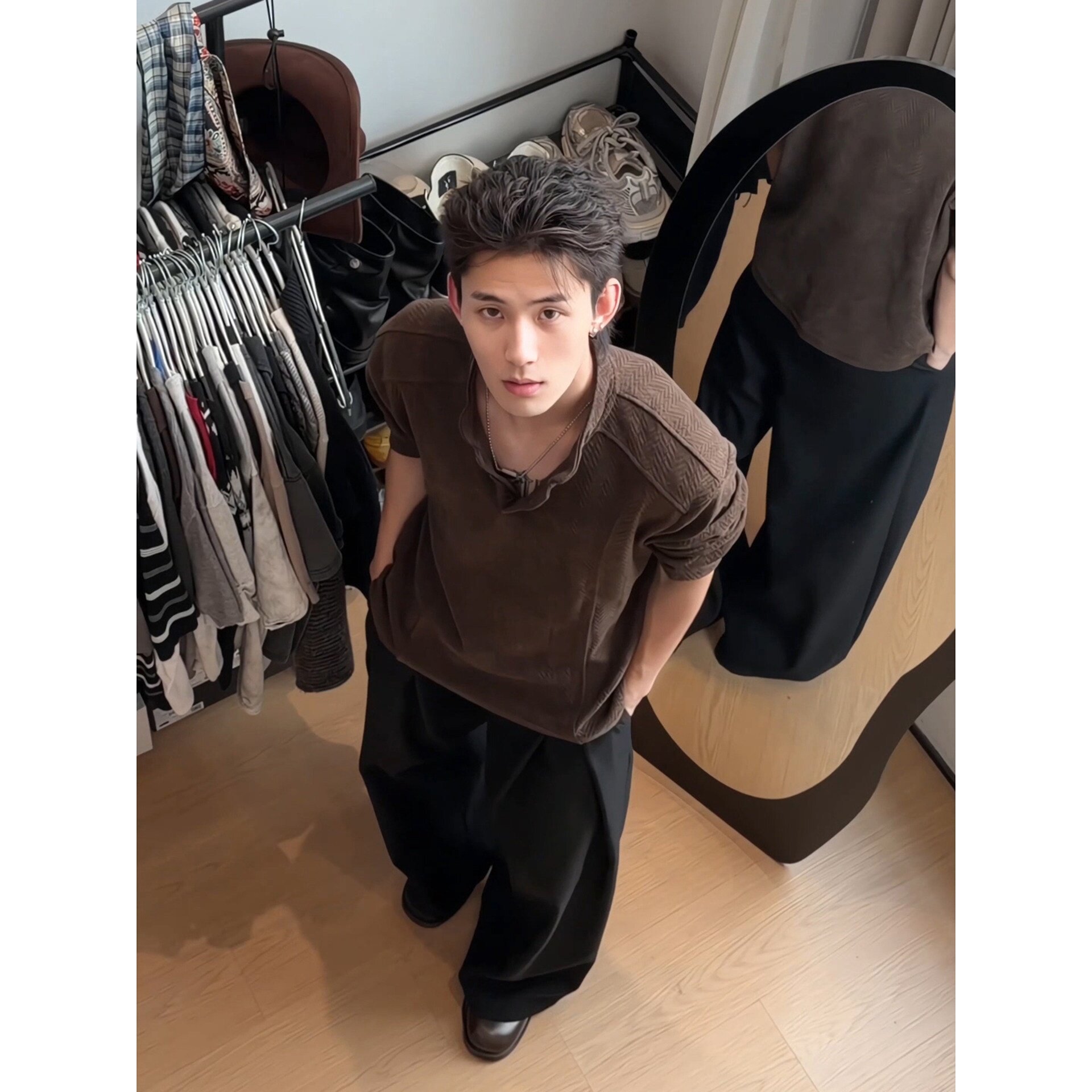 美拉德咖色正肩卫衣男秋季人字纹亨利领长袖美式设计感内搭打底衫